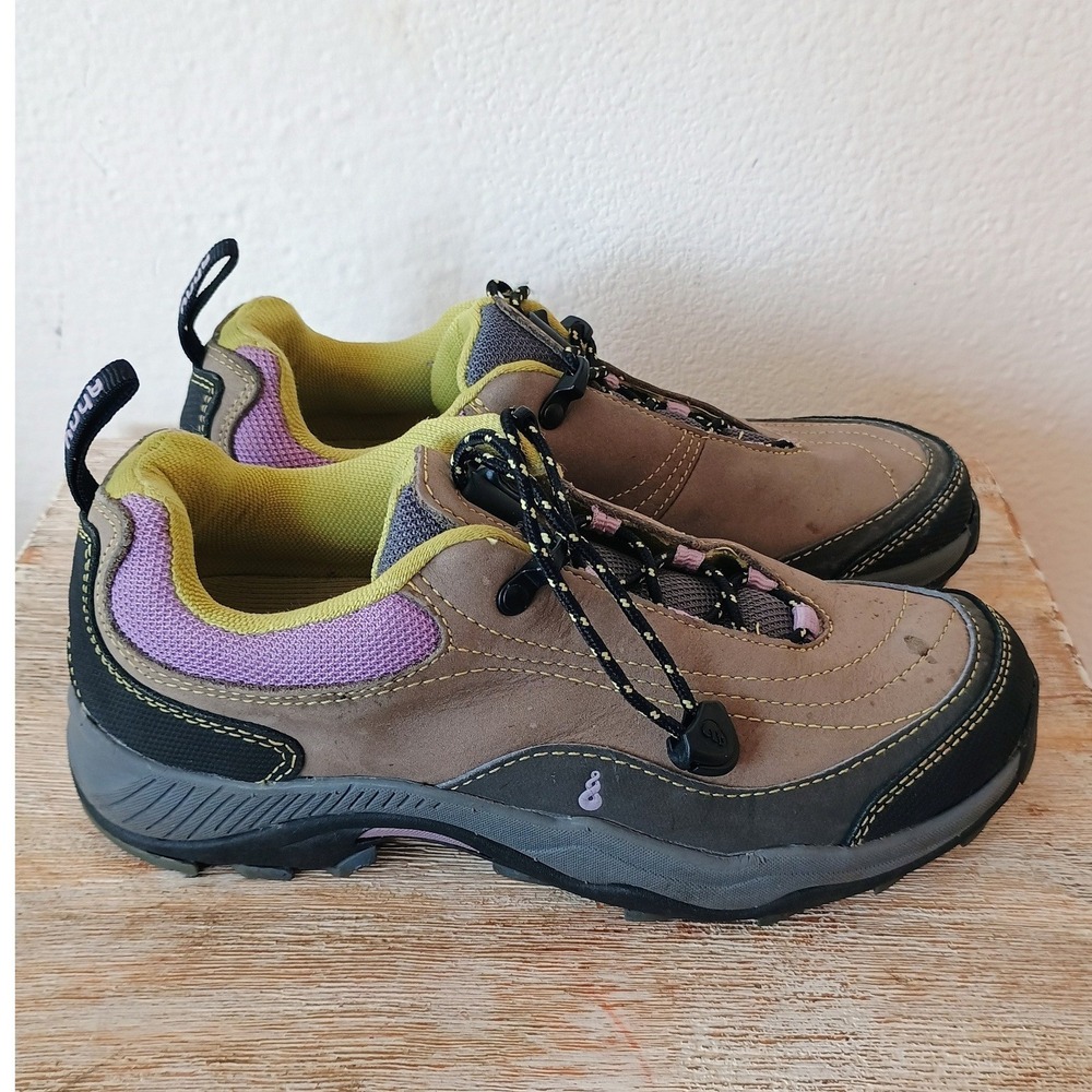 Ahnu Womens Hiking Shoes Tan Purple Green Trail Sneakers Size 6 Leather